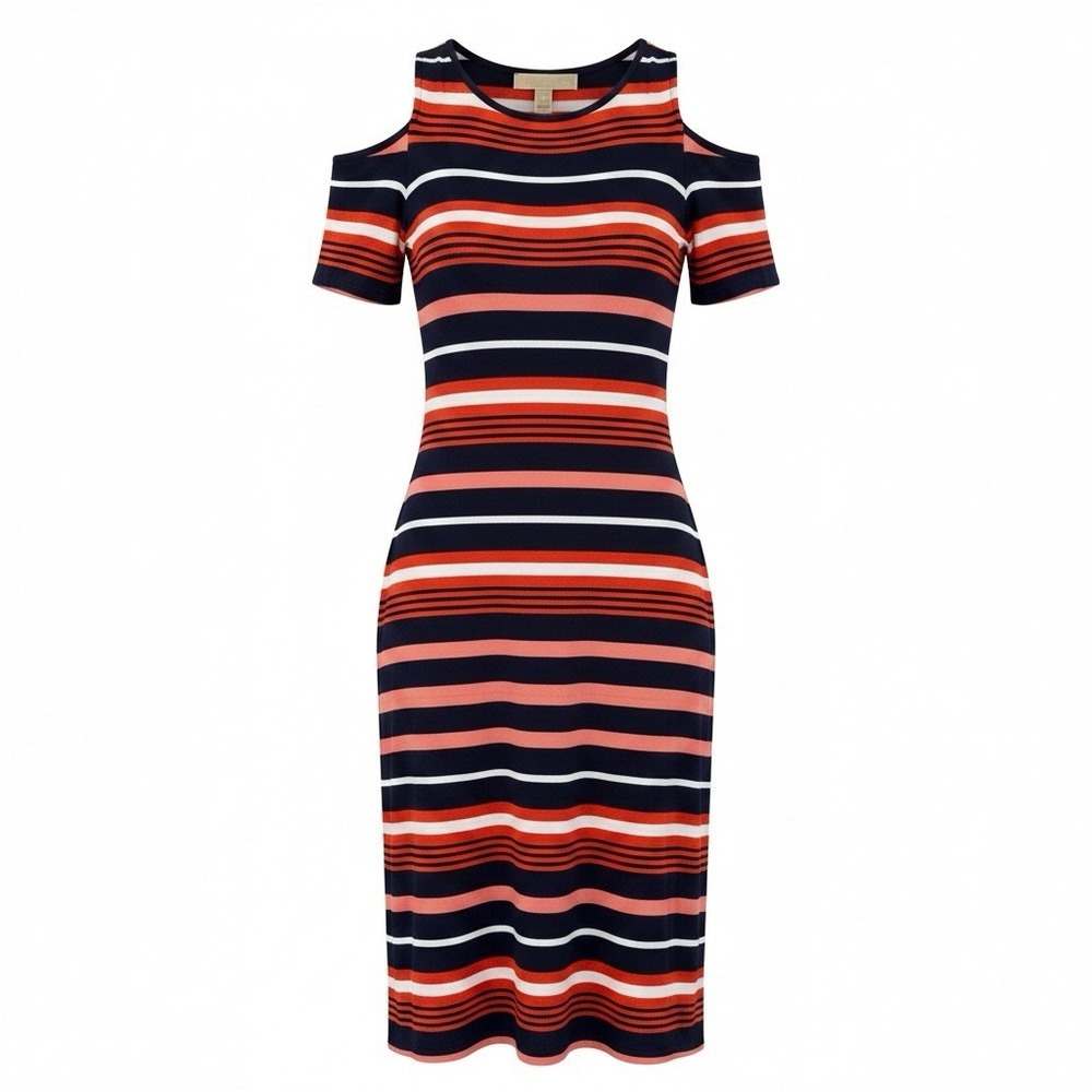 Michael Kors Cold Shoulder Striped Dress Orange Blue White Womens Small